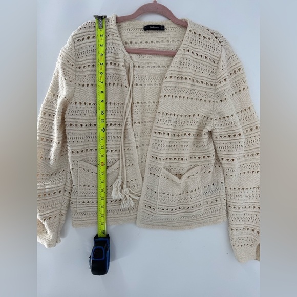 ZARA Crochet Cardigan Patch Pocket Tassel Lagenlook Sweater Size Large - Picture 10 of 14